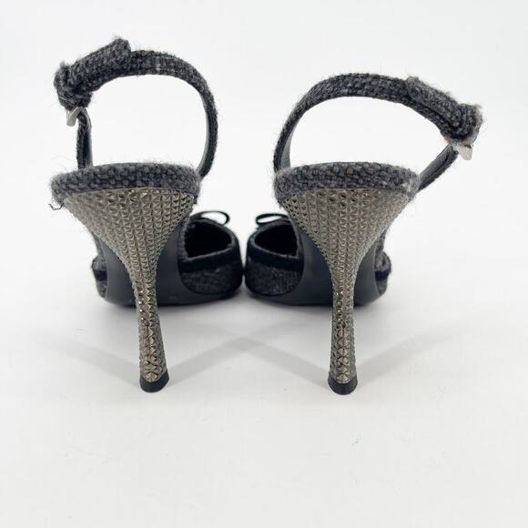 Vintage Prada Gray Tweed Crystal Bow Detail Slingback Pointed Toe Heels IT 38.5 - Picture 9 of 11